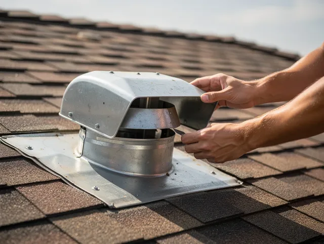 Strongsville Dryer Vent Cleaning certified technician safely cleaning a roof-mounted dryer vent in Strongsville