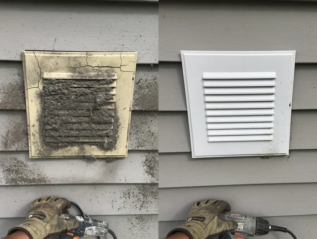 Strongsville Dryer Vent Cleaning technician installing high-quality dryer vent cover at a residential property in Strongsville