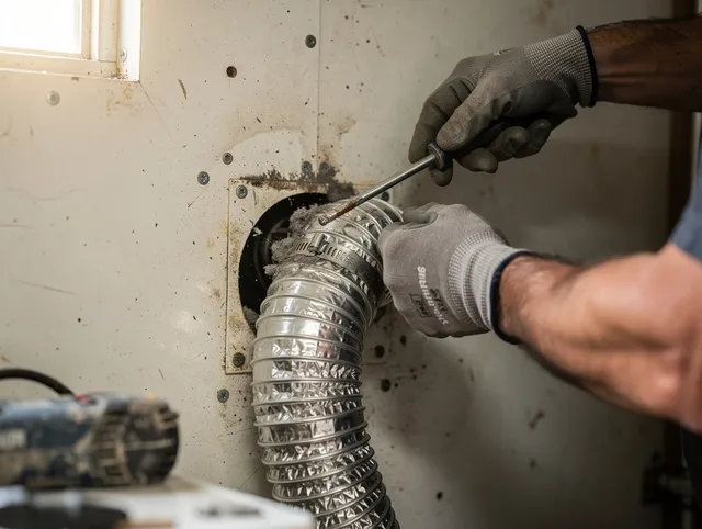 Strongsville Dryer Vent Cleaning technician performing precise dryer vent hose installation in Strongsville